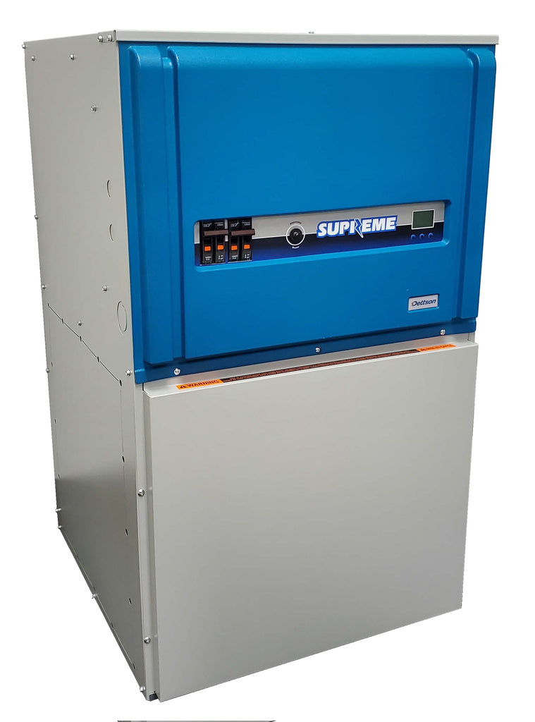 Front view of a Dettson Supreme Modulating electric furnace, a fully modulated ECM equipped forced air electric furnace