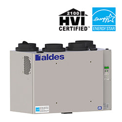 Front-angled view of a High-efficiency, Energy Star Qualified Aldes E190-TRG ERV for use in Canada. Great for large apartments, condos, or medium sized family homes.