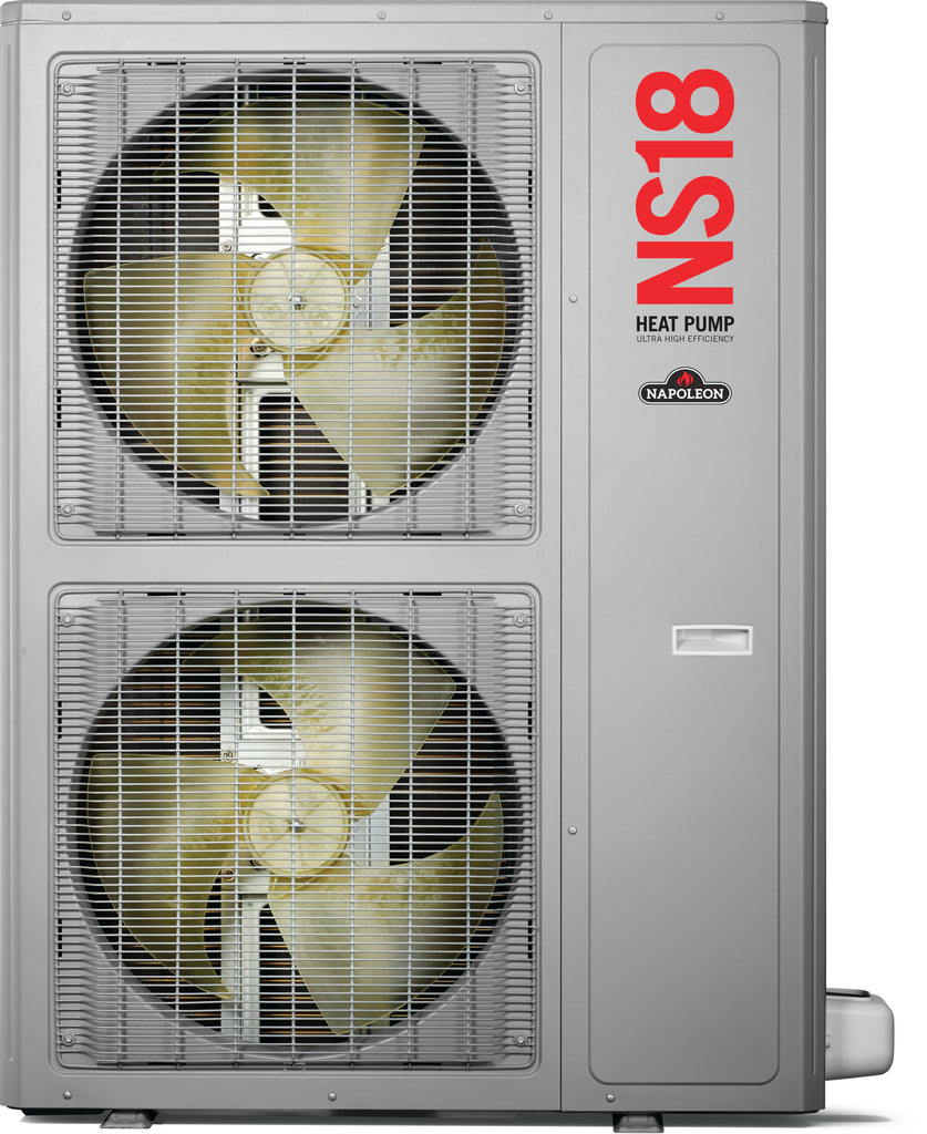 Front view of a Napoleon NS18 4 ton Residential Heat Pump Outdoor Condensing Unit. Designed for central HVAC systems, either new build or retrofitting with a heat pump system.