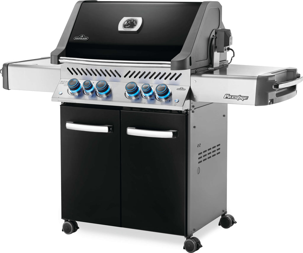 Front angle view of the black version napoleon prestige 500 RSIB barbecue. Available in stainless steel, black, or charcoal grey, these grills are quality made with many features.