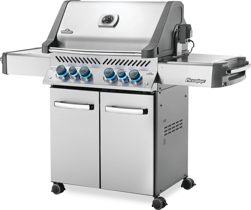 Front angle view of the stainless steel napoleon prestige 500 RSIB barbecue. Available in stainless steel, black, or charcoal grey, these grills are quality made with many features.
