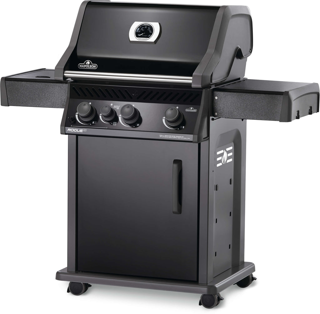 Front angled view of the smudge-free black model Rogue XT 425 SIB gas or propane grill. Available in smudge free black or stainless steel, these are high quality, built-to-last grills that come with Napoleon's 15 year bumper to bumper parts warranty. Go different, go ROGUE.