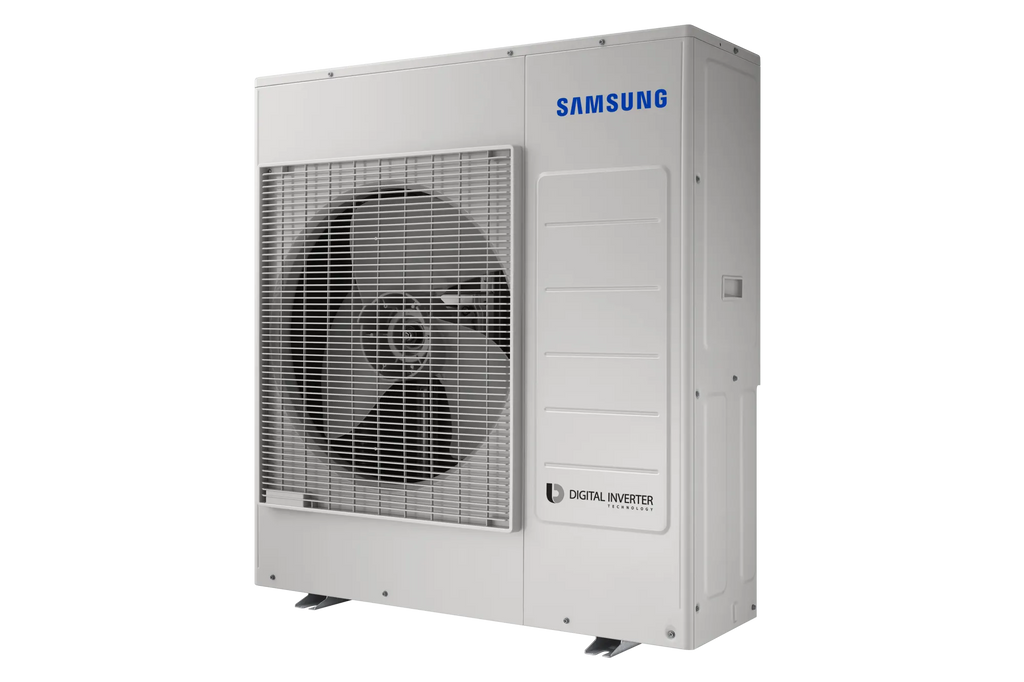Front view of a  20,000 BTU/hr or 24,000 BTU/hr Samsung Max Heat multi-zone mini-split heat pump. Supports up to 4 individual indoor units or zones.