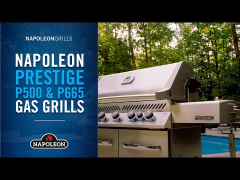 Promotional video for the entire Napoleon Prestige gas grilling series. Features the Napoleon Prestige 500 RSIB gas BBQ, available in three colours - charcoal grey, black, and stainless steel