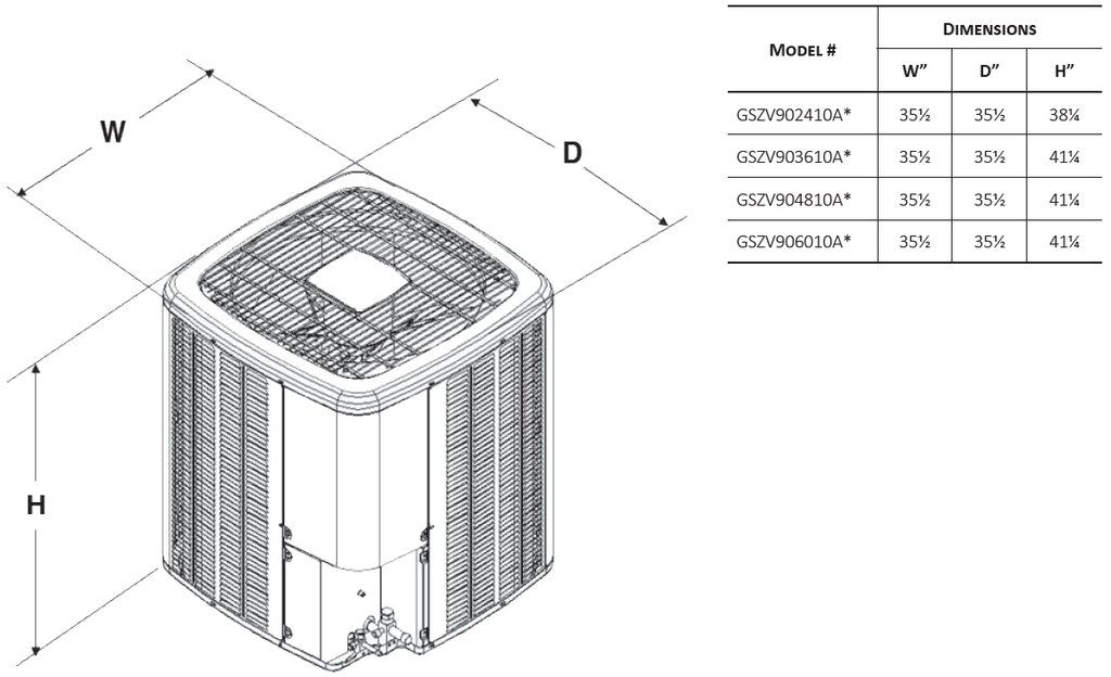 Dimensions of the Goodman heat pump GSZV9 outdoor nit