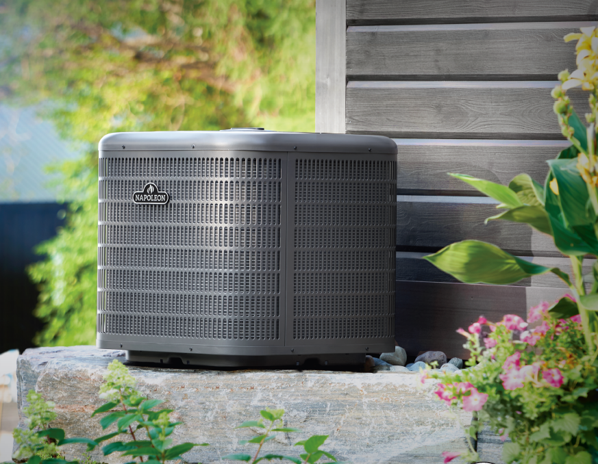 The sleek & stylish grey Napoleon central air conditioner runs whisper quiet and blends in beautifully with your surroundings. Available in sizes from 1.5 to 5 tons, fitting almost any home with a central HVAC system.