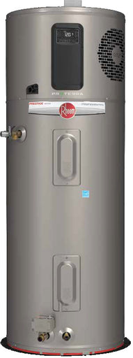 Front view of a rheem hybrid electric water heater, a heat pump water heater for homes.