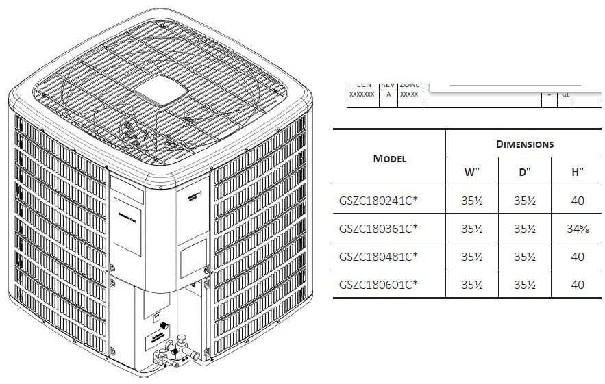 dimensions of a goodman gszc18 heat pump