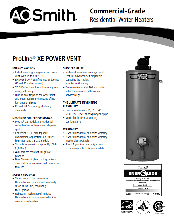 Power Vent Efficient Gas Water Heater AO Smith GPHE-50 Water