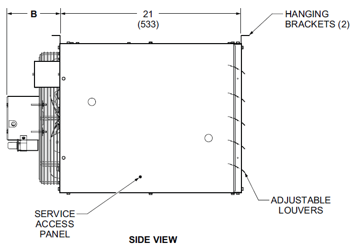 Side view with dimensions of an Allied Commercial LF25 30,000 to 105,000 BTU/hr Unit Heater