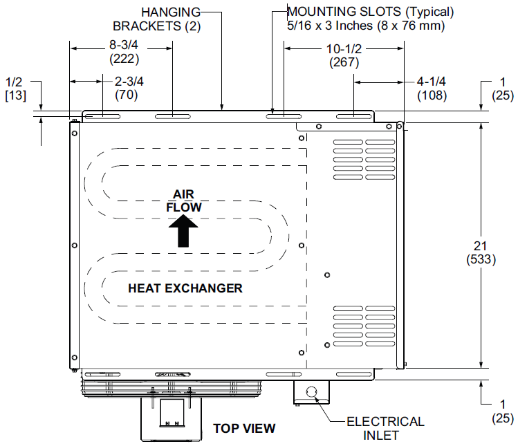 Top view with dimensions of an Allied Commercial LF25 30,000 to 105,000 BTU/hr Unit Heater