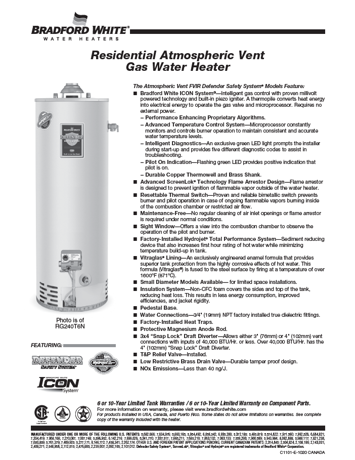 Residential Bradford White Gas Water Heaters offered across Canada by BPH Sales. The Atmospheric Vent Natural Gas or Propane tank water heater. Available in multiple sizes - contact BPH Sales today for your home HVAC, hot water, or IAQ (indoor air quality) solutions across Canada. 