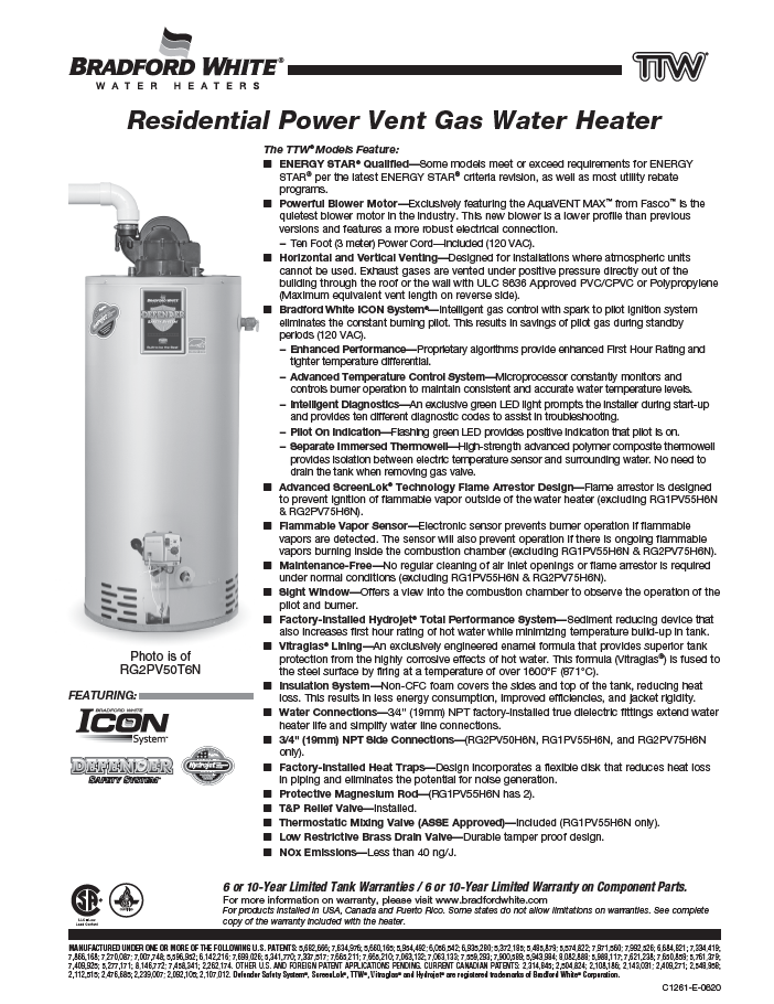 Residential Bradford White Gas Water Heaters offered across Canada by BPH Sales. The Power Vent Natural Gas or Propane tank water heater. Available in multiple sizes - contact BPH Sales today for your home HVAC, hot water, or IAQ (indoor air quality) solutions across Canada. 