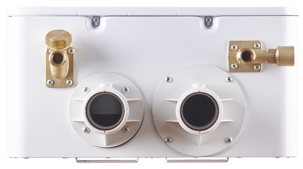 Top view of the exhaust and water ports for an ultra-efficient Bosch Greentherm T9900 SE 199 propane or natural gas water heater. high efficiency, On-demand hot water for continuous hot water around your home or apartment.