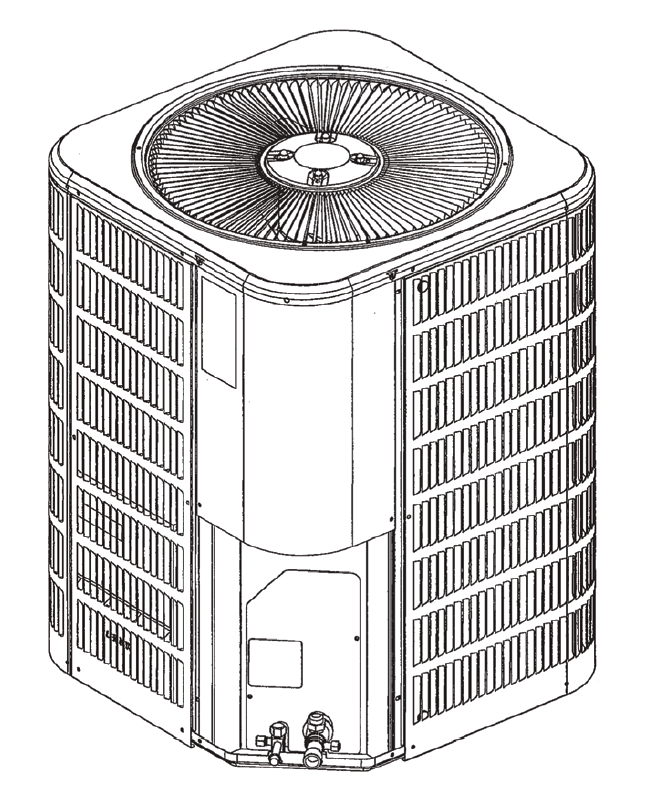 Backside drawing of a Concord Air 4AC13L Central Air Conditioner condensing unit. energy star certified, available in sizes from 1.5 to 5 ton