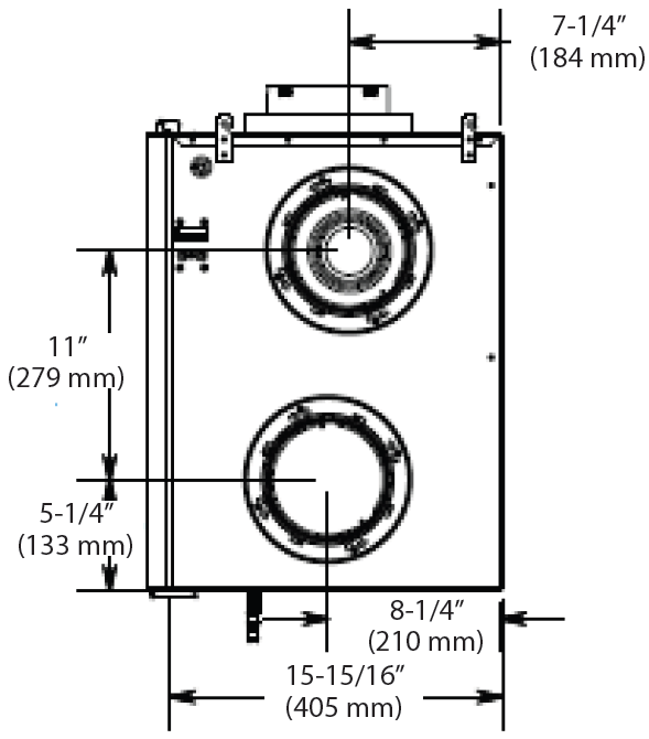 Side spec view of an Aldes Canada E280-TRG Energy Recovery Ventilator (ERV).