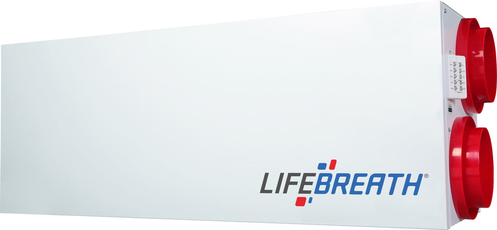 front view of a lifebreath 195 dcs air exchanger from Lifebreath canada. This heat recovery ventilator features dual HRV cores for maximized energy efficiency and heat recovery