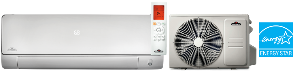 Napoleon NDHAS26 Ductless Split Heat Pump system comes with an indoor unit, outdoor compressor unit, and a remote controller.