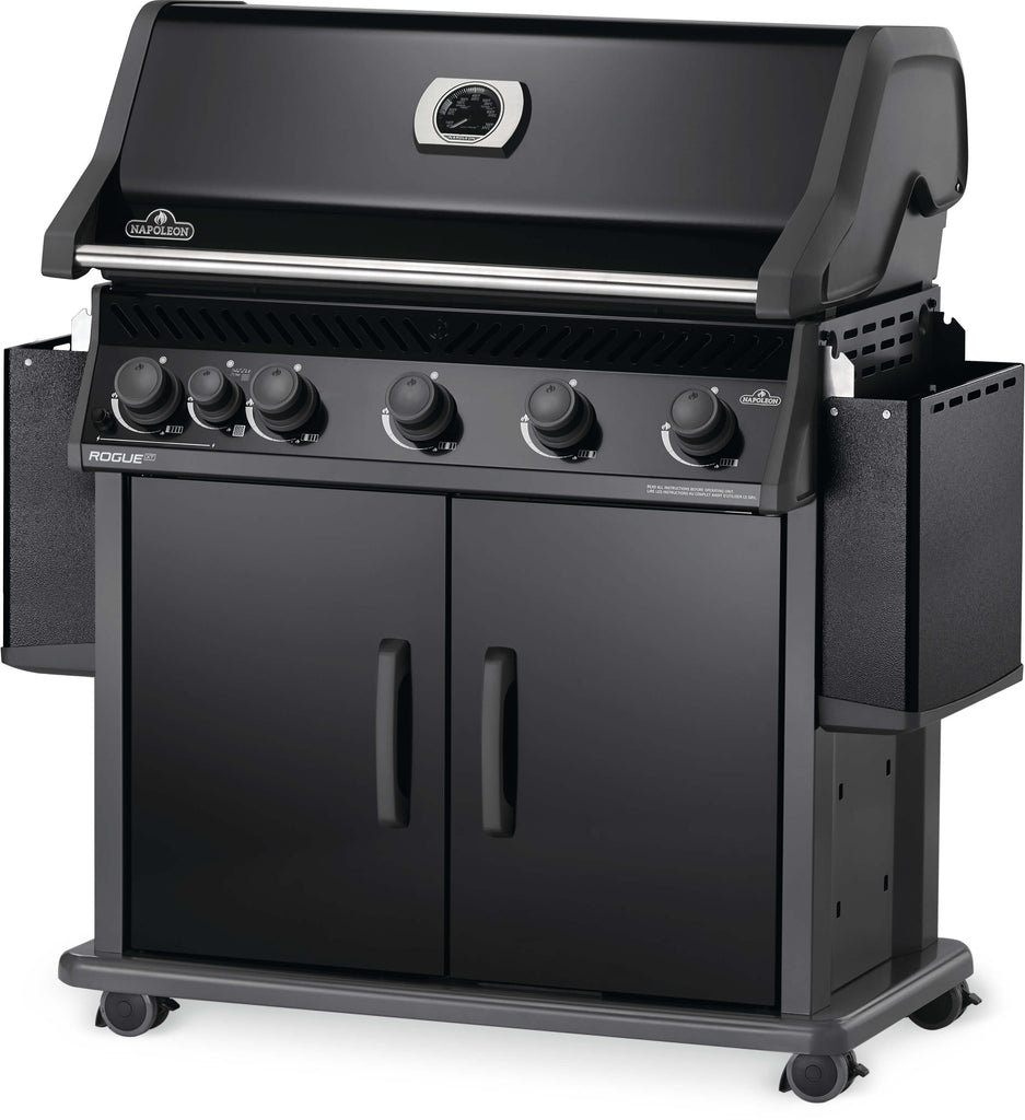 Front closed with shelves collapsed view of the smudge-free black model of the Napoleon Rogue XT 625 SIB gas grills. Stainless steel or black coloured, the choice is yours. Available in propane, these grills are sleek and stylish and have a whackload of features. Go different, go ROGUE