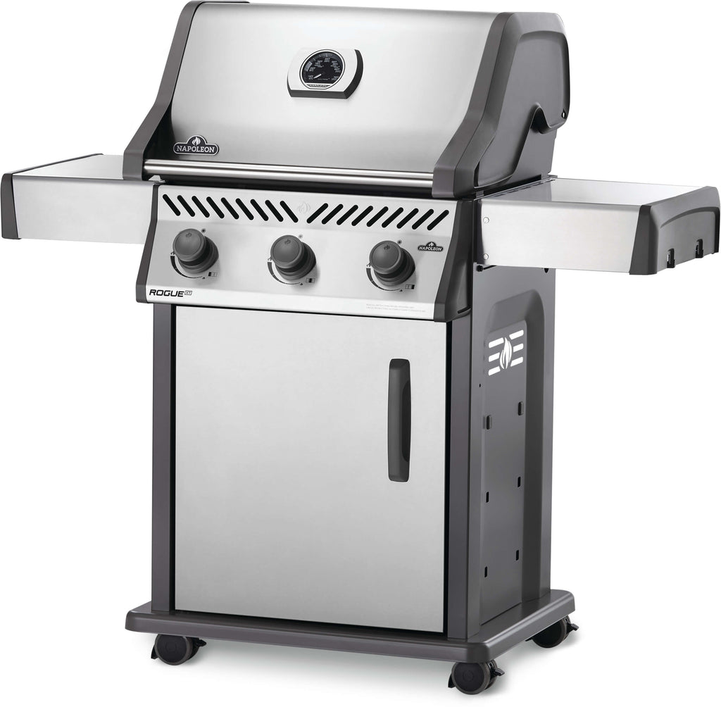 front angle view of the rogue XT stainless steel 425 gas or propane grill. High quality grill at a budget friendly price.