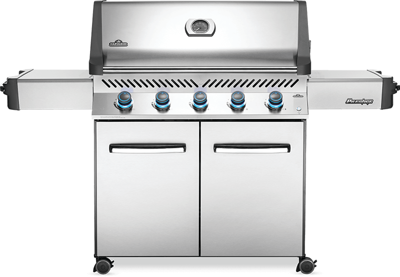 Front view of the simplified Prestige 665 stainless steel barbecue is the simple yet high quality barbecue perfect for any family backyard or cottage. High-grade stainless steel, large internal storage, and collapsible side shelving to save space when not needed.