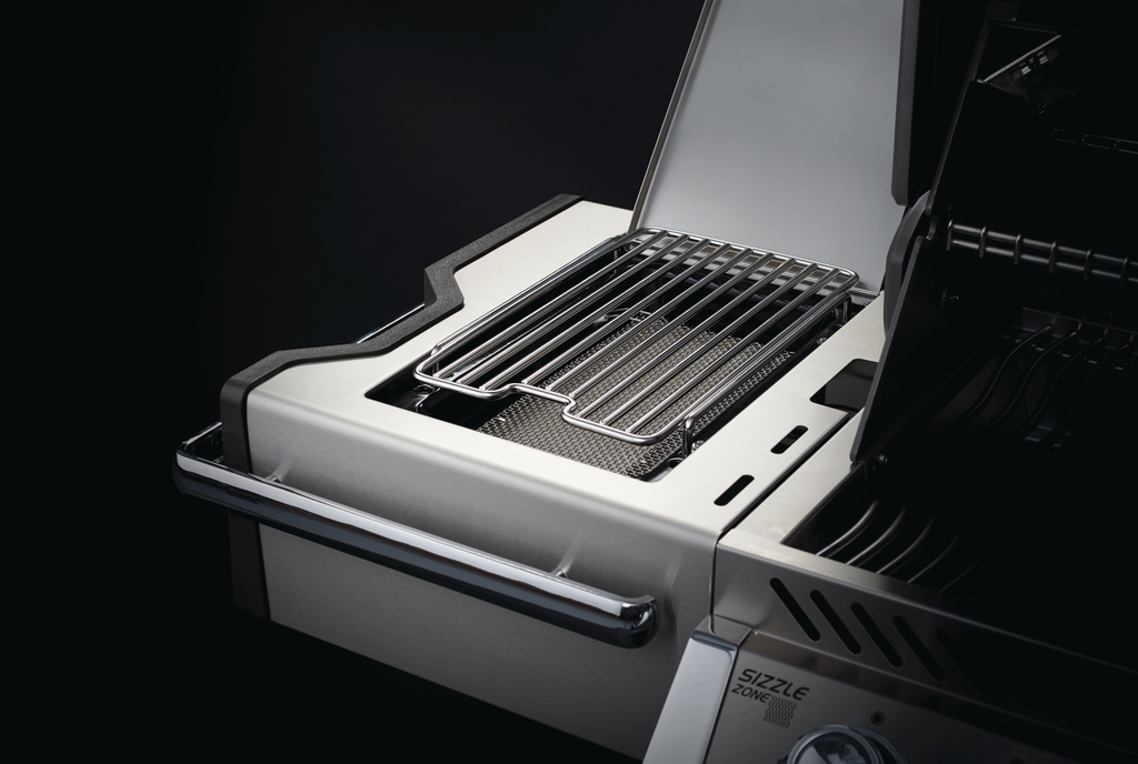 Napoleon prestige Pro barbecues come with built-in sizzle zone searing plates - high temperature UV searing to lock in flavour.
