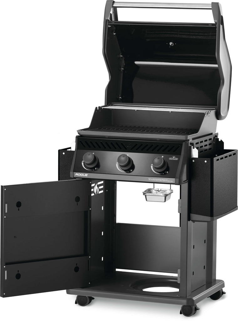 Internal view of the smudge-free black Rogue 425 gas barbecue. Available in propane or natural gas models, these are quality grills at a budget friendly price. Plus, they come with 15 year parts warranty, so grill easy knowing you are covered. Shelves collapse to save space when not in use.
