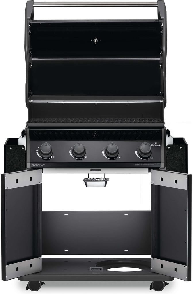 Front Internal view of the smudge-free black Rogue 525 gas barbecue. Available in propane or natural gas models, these are quality grills at a budget friendly price. Plus, they come with 15 year parts warranty, so grill easy knowing you are covered. Shelves collapse to save space when not in use.