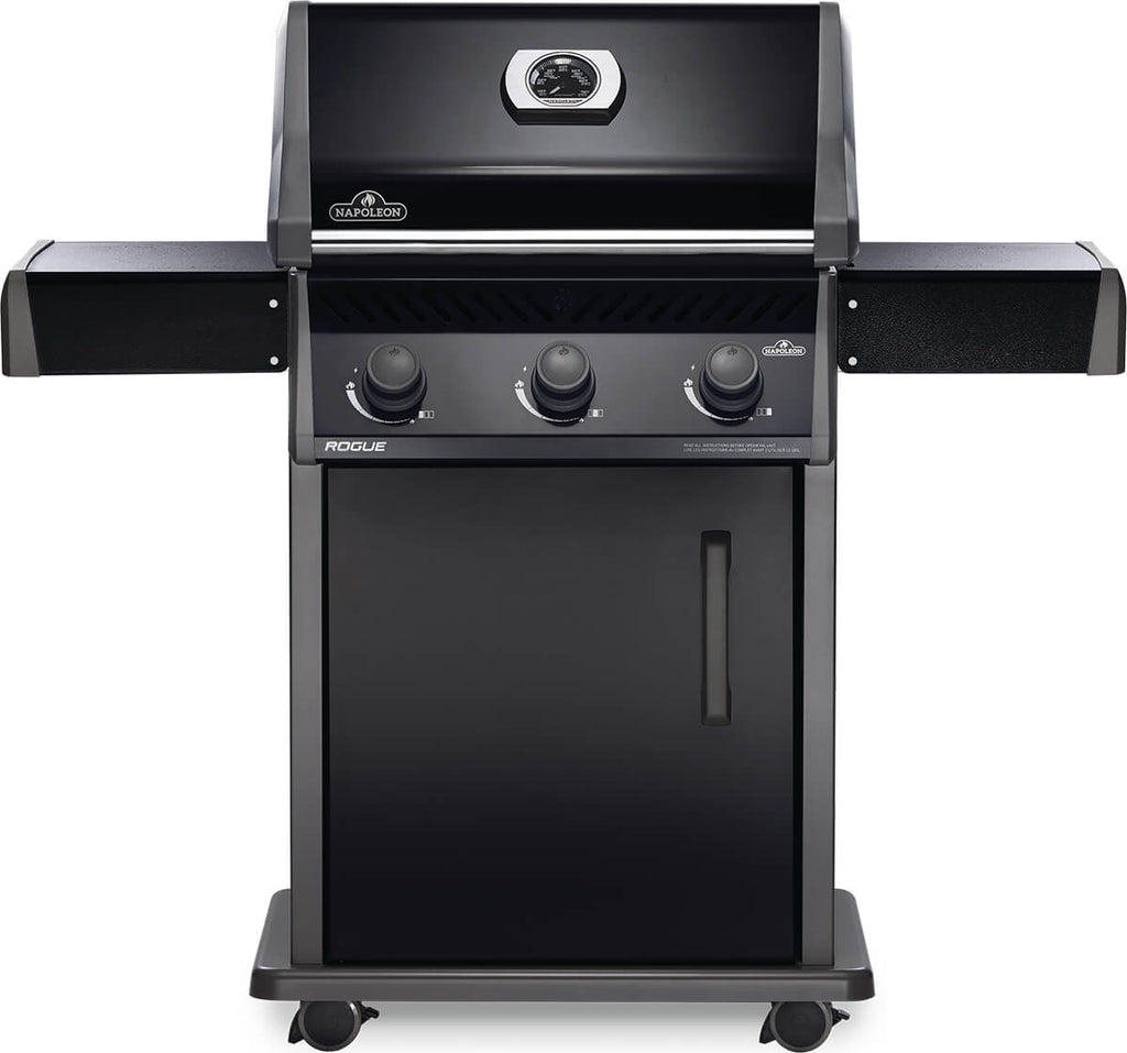 Front view of the smudge-free black Rogue 425 gas barbecue. Available in propane or natural gas models, these are quality grills at a budget friendly price. Plus, they come with 15 year parts warranty, so grill easy knowing you are covered.