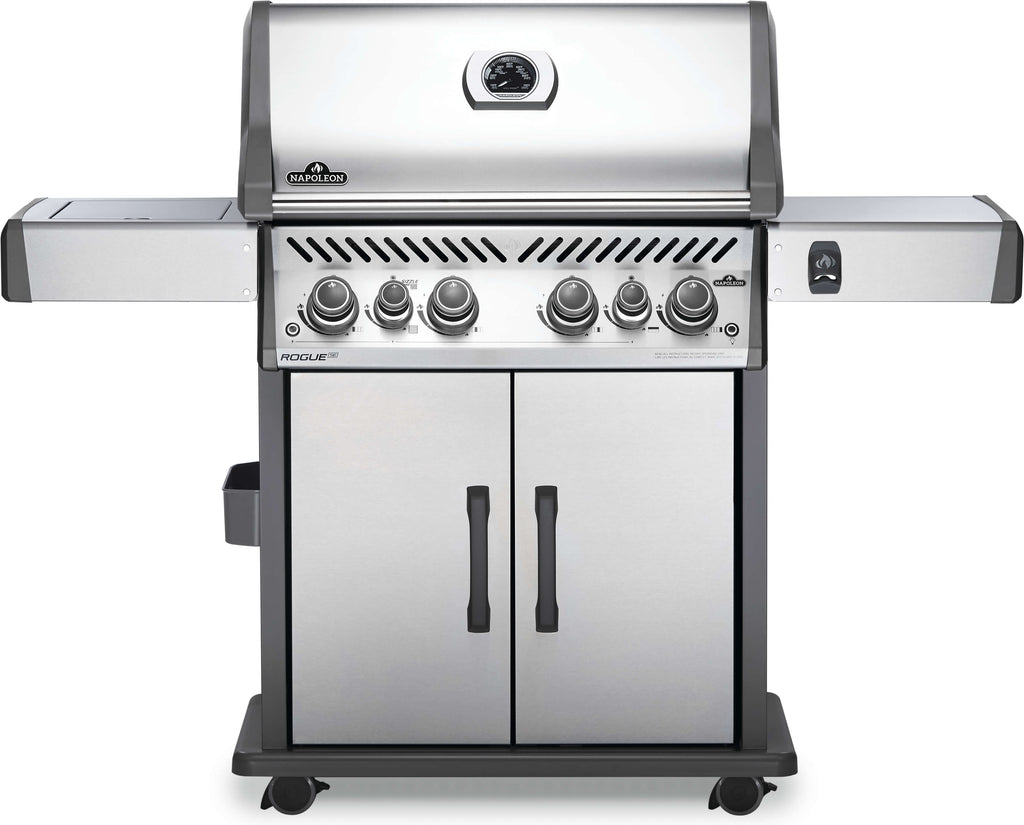 Front view of the Napoleon Rogue SE 525 RSIB Gas BBQ and grill. Stainless steel and available in natural gas or propane models, these grills are luxurious and have many features, such as 4 main burners, space saving folding side shelves, large infrared sizzle zone side burners, rear infrared rotisserie burners, and large cooking surfaces, fitting more than 30 burgers at once. Family sized and great quality.