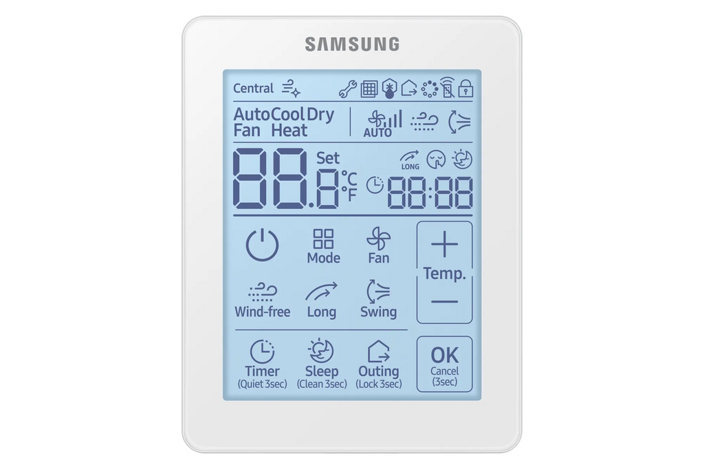 Powered on display of a samsung MWR-SH11UN Touchscreen controller for mini-split heat pumps