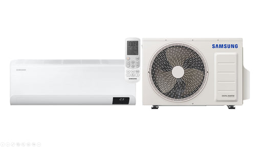 Samsung quantum 2.0 ductless mini split heat pump system with an indoor unit, outdoor compressor, and remote controller