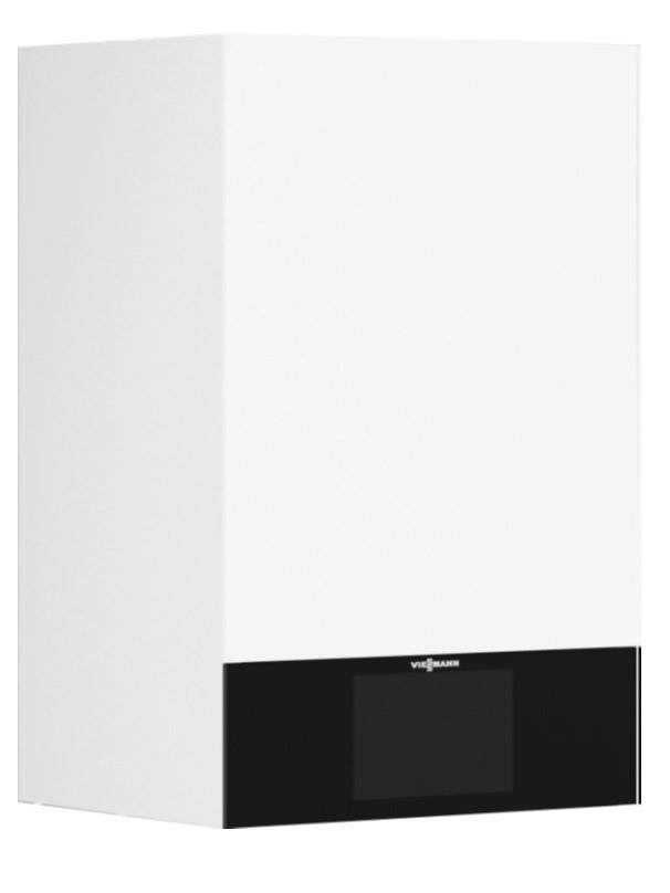 Angled view of a high-efficiency viessmann boiler, the vitodens 200 B2HE
