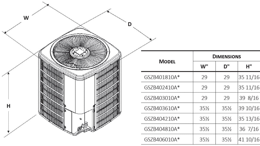 dimensions of a goodman gszb4 heat pump