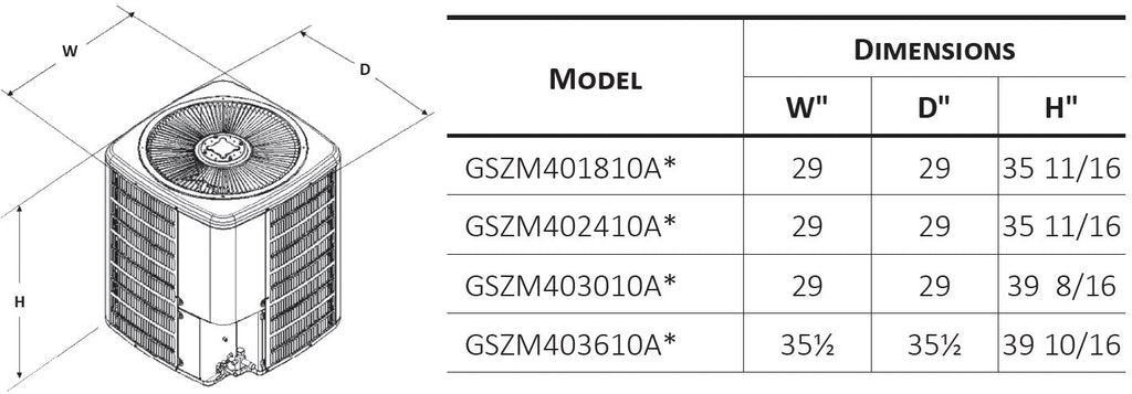 dimensions of a goodman gszm4 heat pump