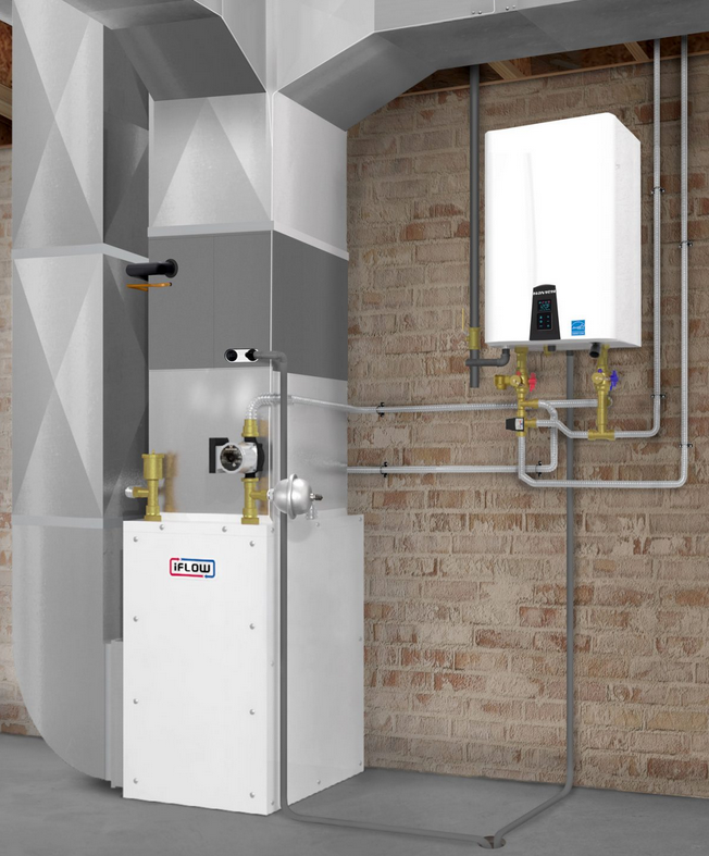 Sample installation of an iFlow 16000W hydronic air handler with a Navien tankless water heater as the hot water source.